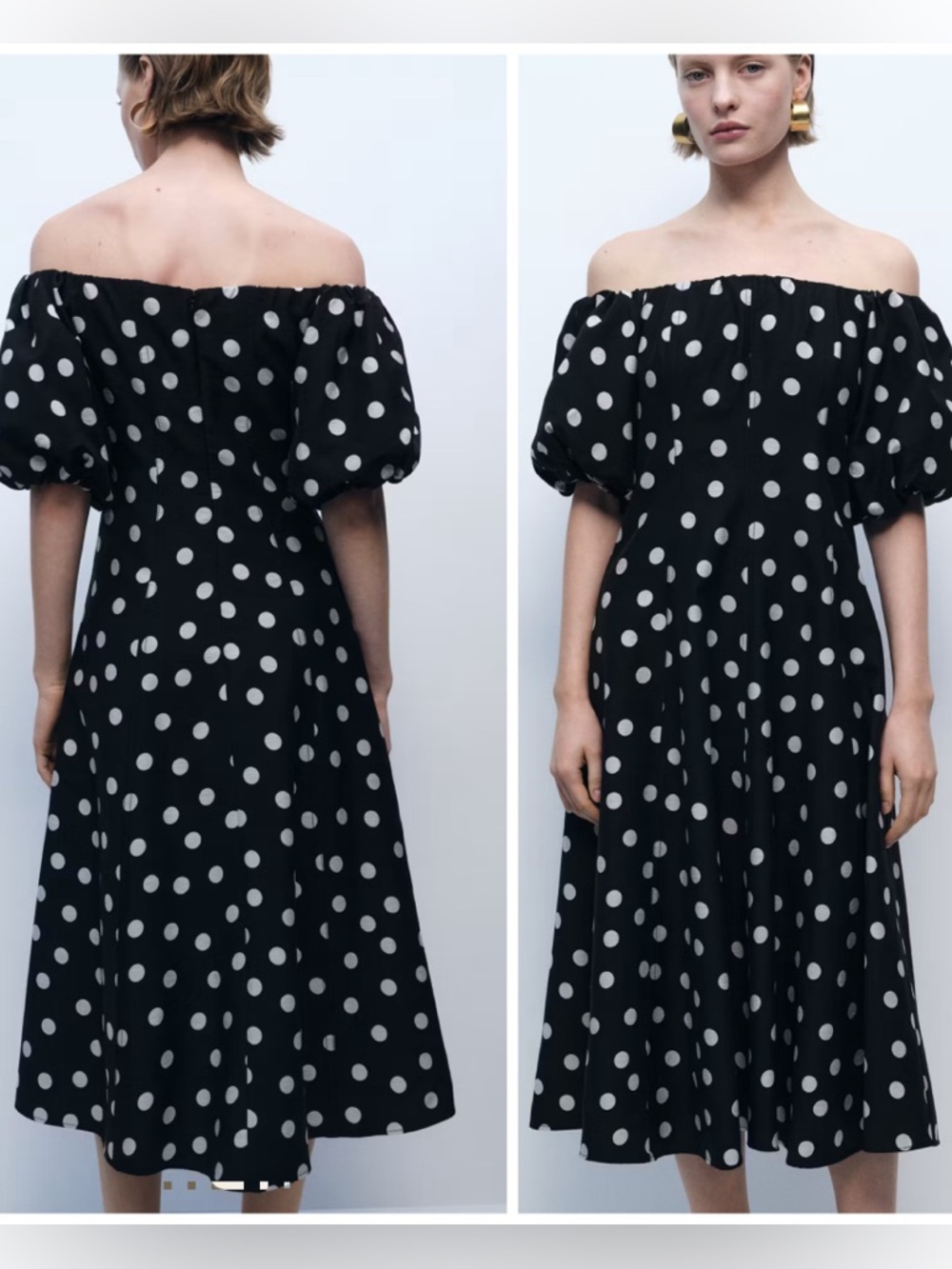 Mango Black Off-Shoulder Polka Dot Midi Dress